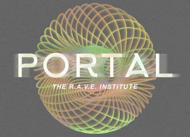 Abstract image of a sphere on a grey, static like background. White text with words: PORTAL The RAVE Institute