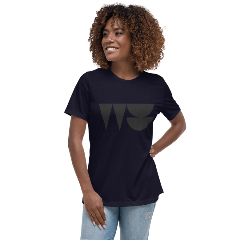 The front of Women's relaxed navy blue t-shirt with large Wildseed logo in black.